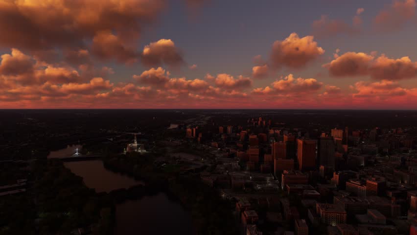 3D - Circular Sunset Aerial View of the City of Winnipeg Manitoba. Canada