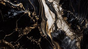 Black and Gold with white lines Marble Luxury background texture. Slow panoramic motion. High detailed 4K video.  Marble pattern texture surface panning background.