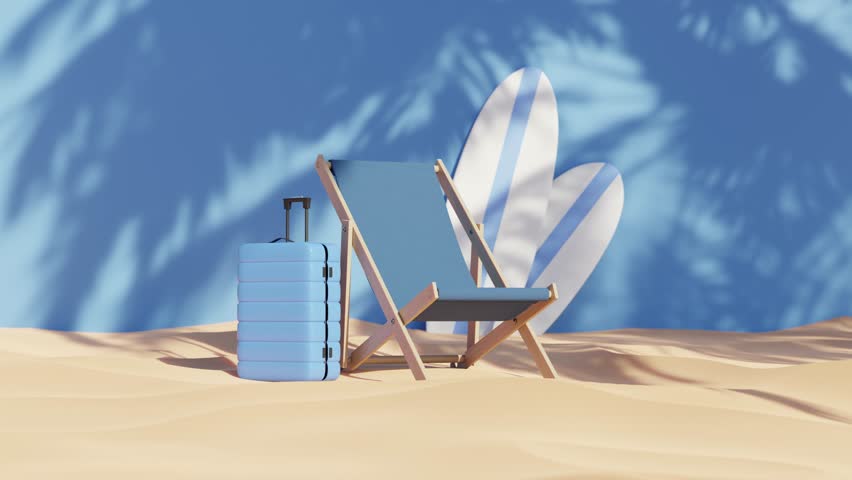 A deck chair, luggage and two surfboards 3d animation loop. 3D Illustration | Shutterstock HD Video #1102377205