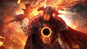 fire demon in heavy plate armor with a huge lava sword consisting of a dozen fused blades, he is a knight of Armageddon, soulless hollow slave, with darkness in his heart. approaching 2d animated art - Powered by Shutterstock - Get 15% off with code: PIKWIZARD15