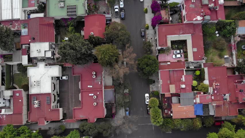 Aerial Top view of Coyoacan neighborhood in Mexico city with drone. Districs Frida Kahlo house museum