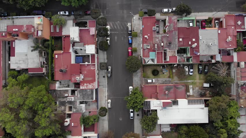Aerial Top view of Coyoacan neighborhood in Mexico city with drone. Districs Frida Kahlo house museum