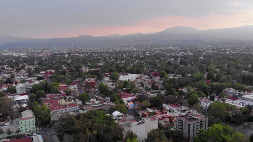 Aerial Top view of Coyoacan neighborhood in Mexico city with drone. Districs Frida Kahlo house museum
