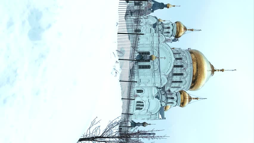 Belogorsky St. Nicholas Orthodox Missionary Monastery. Russia, Perm Krai, Belaya Gora. The temple on the hill in winter. Monastery on the background of snow. 4K