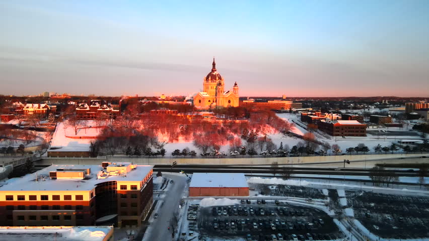 Sightseeing View Of Saint Paul Of Cathedral In Distance At Saint Paul, Minnesota, United States. aerial