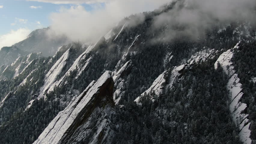 Frosty Flat Irons fly over Boulder Colorado aerial early morning stunning forward motion