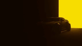 3D Rendered Super car Cinematic view in dark with yellow background, yellow sport car headlights blinking in dark with black and yellow background, Vintage super car front view