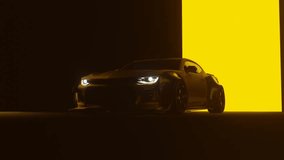 3D Rendered Super car Cinematic view in dark with yellow background, yellow sport car headlights blinking in dark with black and yellow background, Vintage super car front view