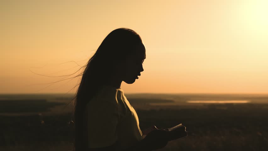 girl prays with bible her hands sunset. young girl asks for help. read prayer dawn. human faith dream. ask sky. relaxation concept. happy person lives faith. good book helps find way. pray park sunset Royalty-Free Stock Footage #1102387665