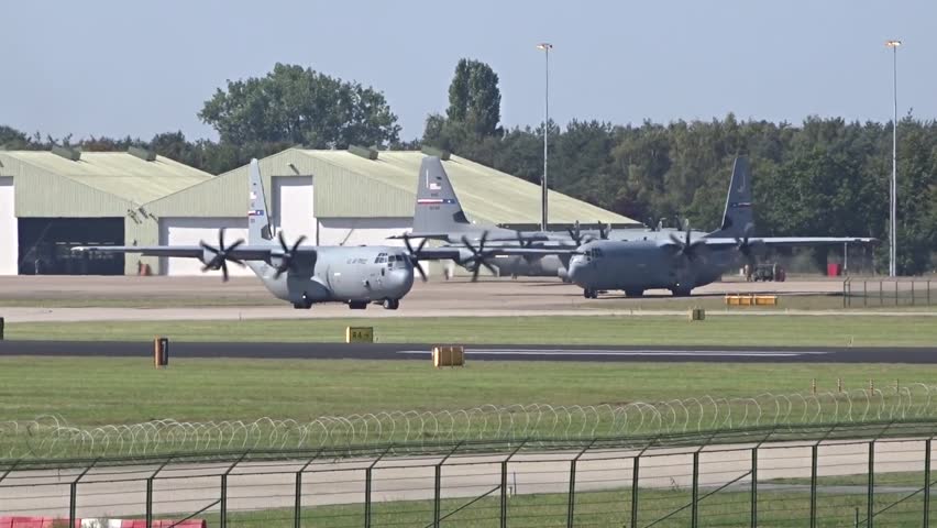 Netherlands - March 8 2023:American Military Aircraft Taxiing to the runway for take off on a mission (Lockheed C-130 Hercules USAF US air force)