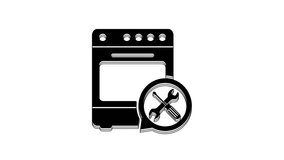 Black Oven with screwdriver and wrench icon isolated on white background. Adjusting, service, setting, maintenance, repair, fixing. 4K Video motion graphic animation.