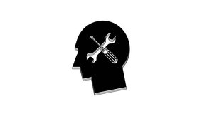 Black Human head with with screwdriver and wrench icon isolated on white background. Artificial intelligence. Symbol work of brain. 4K Video motion graphic animation.
