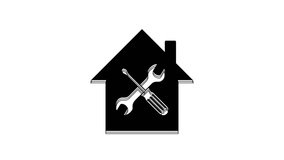 Black House or home with screwdriver and wrench icon isolated on white background. Adjusting, service, setting, maintenance, repair, fixing. 4K Video motion graphic animation.