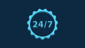 Blue Clock 24 hours icon isolated on blue background. All day cyclic icon. 24 hours service symbol. 4K Video motion graphic animation.
