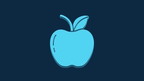 Blue Apple icon isolated on blue background. Fruit with leaf symbol. 4K Video motion graphic animation.