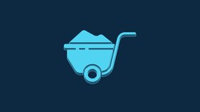 Blue Wheelbarrow with dirt icon isolated on blue background. Tool equipment. Agriculture cart wheel farm. 4K Video motion graphic animation.