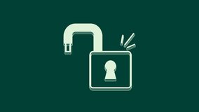White Open padlock icon isolated on green background. Opened lock sign. Cyber security concept. Digital data protection. 4K Video motion graphic animation.