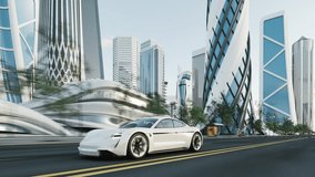 Car drives through the futuristic city. Futuristic car driving in the modern city - Powered by Shutterstock - Get 15% off with code: PIKWIZARD15