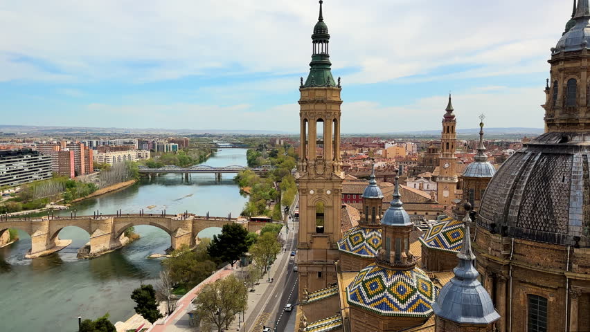 Aerial view on the roofs of Basilica of Our Lady of the Pilar in Zaragoza, Spain. High quality 4k footage