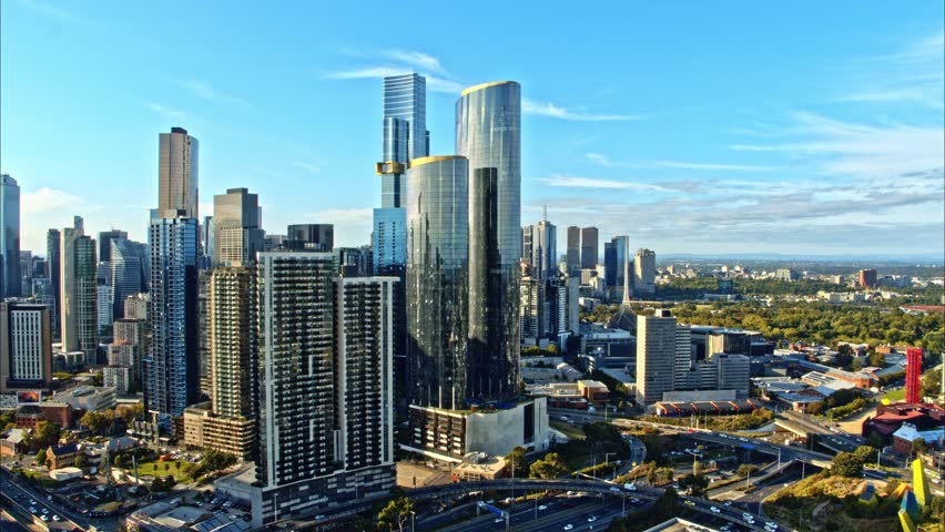 Melbourne City Skyline 2023 - Cinematic View of Cityscape Aerial Helicopter View 4K 
