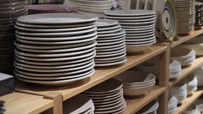 Variety of plates displayed on shelving in household goods store. Kitchen utensils and dishware for sale