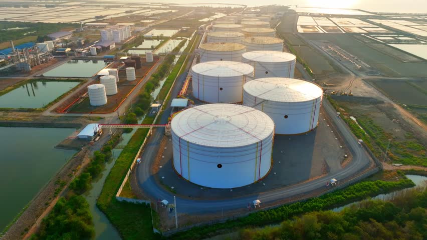 An oil depot, also known as a petroleum depot, is a facility used for the storage and distribution of various types of petroleum products such as crude oil, gasoline, diesel fuel, aviation fuel. 4K
 Royalty-Free Stock Footage #1102404849