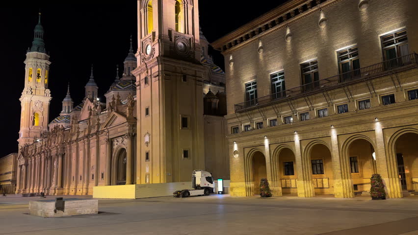 Basilica del Pilar Cathedral at night, Zaragoza, Aragon, Spain. High quality 4k footage