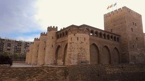 Aljaferia, a fortified medieval Islamic palace in Zaragoza, Spain. High quality 4k footage