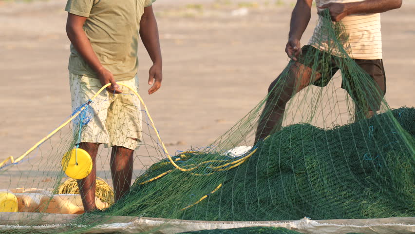 Fishermen prepare green fishnet indian port. Male fisher sort fish net close up. Men hold sea food trap. Local people work bay. Fishing craft job. Sailor pull fishnet. Angler clean mesh native pond.