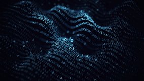 Big data or digital sound abstract concept: digital sound wave with blinking binary code in motion. Digital sound processing or connection visualization. Blue wavy digital surface, dark background - Powered by Shutterstock - Get 15% off with code: PIKWIZARD15