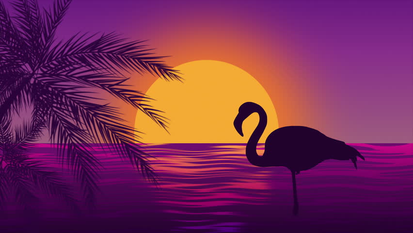 Flamingo silhouette on purple sunset background, animation 4K on a seamless loop