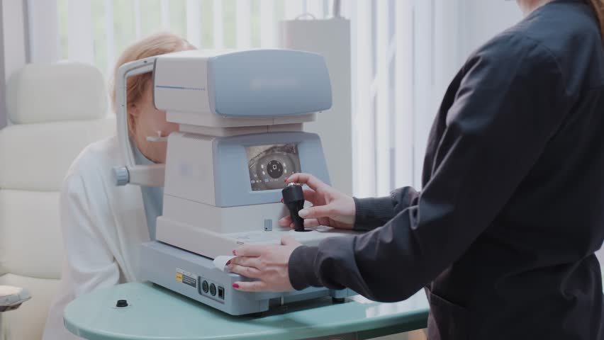 Doctor testing for eyes with special optical apparatus in modern clinic. Ophthalmologist examining eyes of a patient using digital microscope during a medical examination in the ophthalmologic office Royalty-Free Stock Footage #1102425879