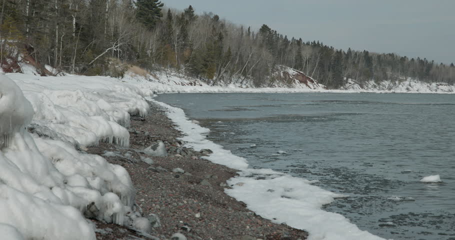 Lake Superior in Winter Pan of Shoreline with Snow