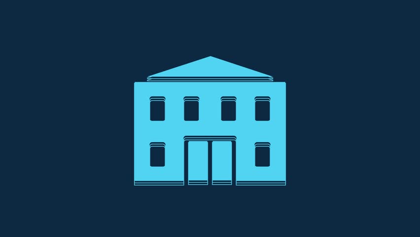 Blue School building icon isolated on blue background. 4K Video motion graphic animation.