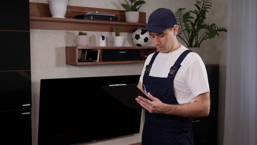 Portrait of a TV technician in overalls and a white t-shirt from customer service, a man making an entry in the inspection order before repair.