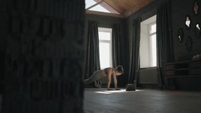 Active Fitness Workout In Morning, Young Woman Doing Exercises On Floor In Living Room