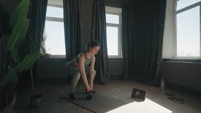 Strength Workout With Kettlebell, Young Woman Lifting Weight During Home Fitness Training