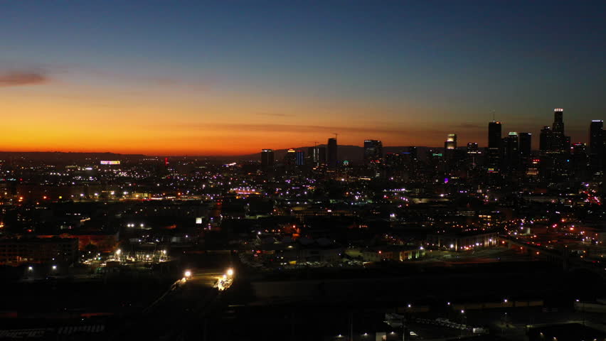 Aerial shot showing the skyline in downtown Georgia during a stunning sunset