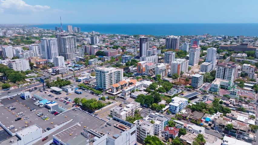 Cityscape With High Rise Buildings In The Santo Domingo, Dominican Republic. Aerial Drone Shot
