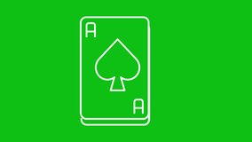 Animated card deck white line icon. Playing cards move. Ace of spades. Entertainment. Loop HD video with chroma key, alpha channel on transparent background, black solid background