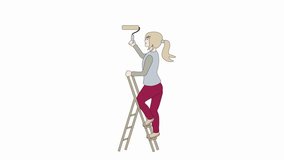 animation of the cartoon where the painter girl stands on the stairs and paints the wall with a roller, makes repairs