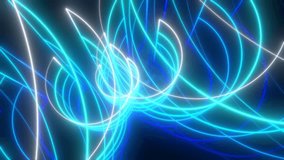 Abstract blue and purple glowing neon energy laser lines flying on a black background, video 4k, 60 fps