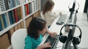 Adorable girls student using computer high five at classroom - Powered by Shutterstock - Get 15% off with code: PIKWIZARD15