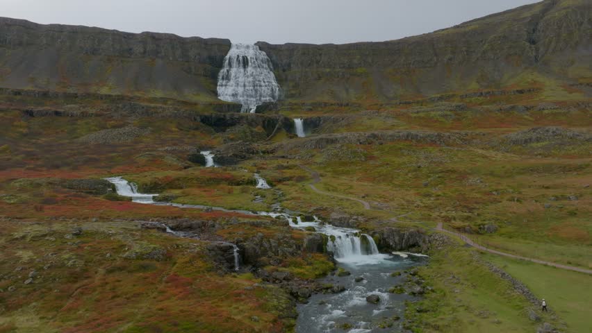 Aerial view of a beautiful waterfall in highlands region of Iceland.