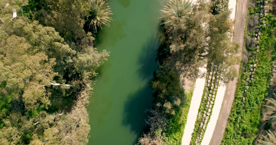 Aerial view of a river flow between tall trees ,Dganya, sea of Galilee, Israel.