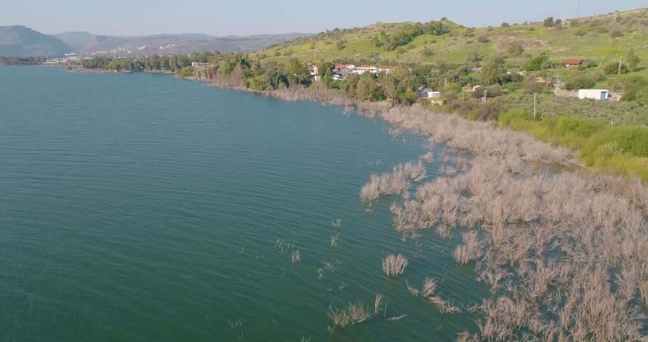 Aerial view of a lake shore line, Sea of Galilee, Israel.