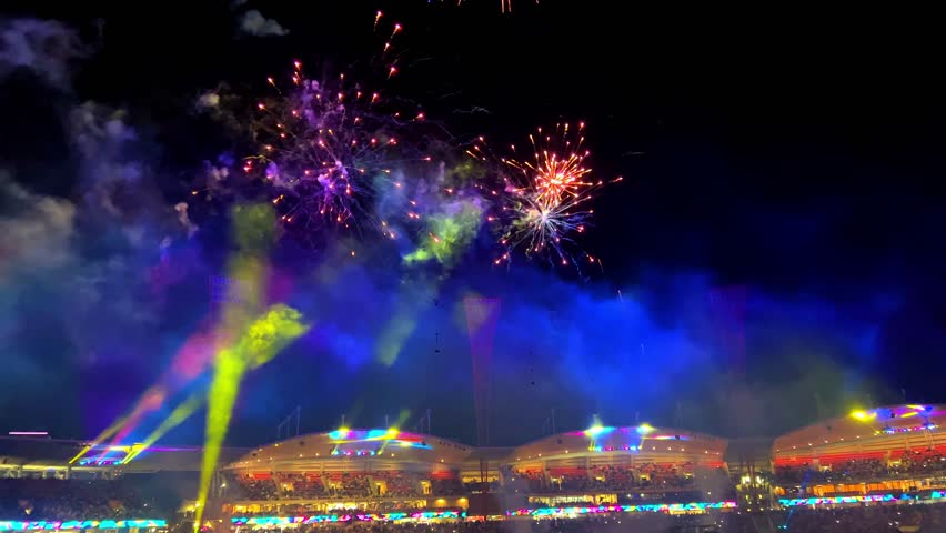 Fireworks eluminate the night skies of the sports stadium at the Sydney Royal Easter Show NSW Australia