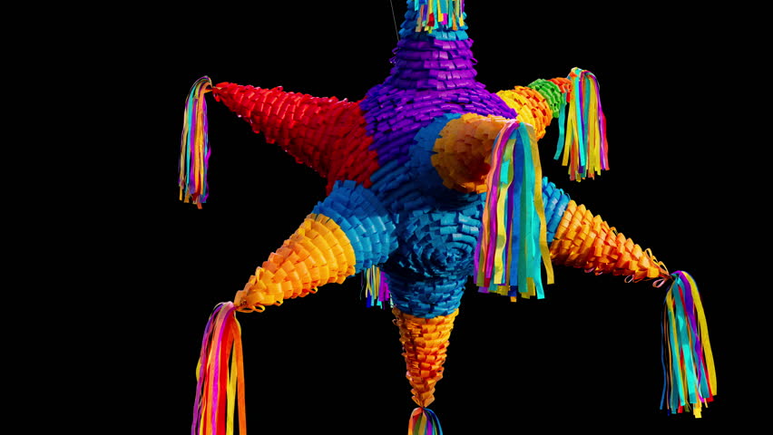 Piñata flies a little and then explodes and candy with glitter fly out of it. 3d animation with alpha matte. Royalty-Free Stock Footage #1102463999