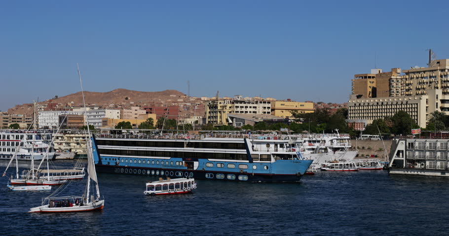 Cruise ships docked on the river Nile in Aswan, Egypt.