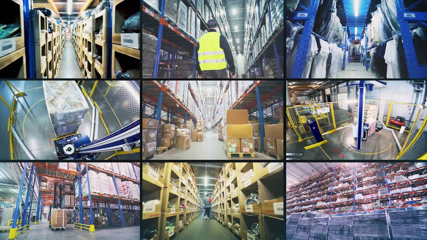 Warehouse at the factory multiscreen video. Multiscreen video work in a large warehouse. industry opener. Modern warehouse collage. Modern warehouse in a factory.